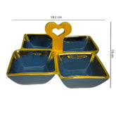 Blue Ceramic Quad-Part Platter with Bamboo Handle & Gold Rim – Stylish Multi-Section Serving Dish